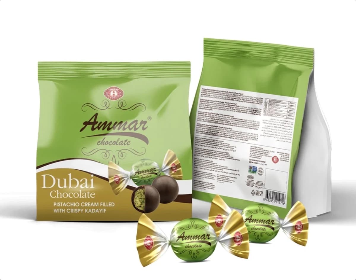 Ammar Dubai, candies with pistachio cream and crispy kadayif, 500 g bag