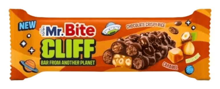 Mr. Bite Cliff cu caramel și alune, baton cu orez expandat în ciocolată
