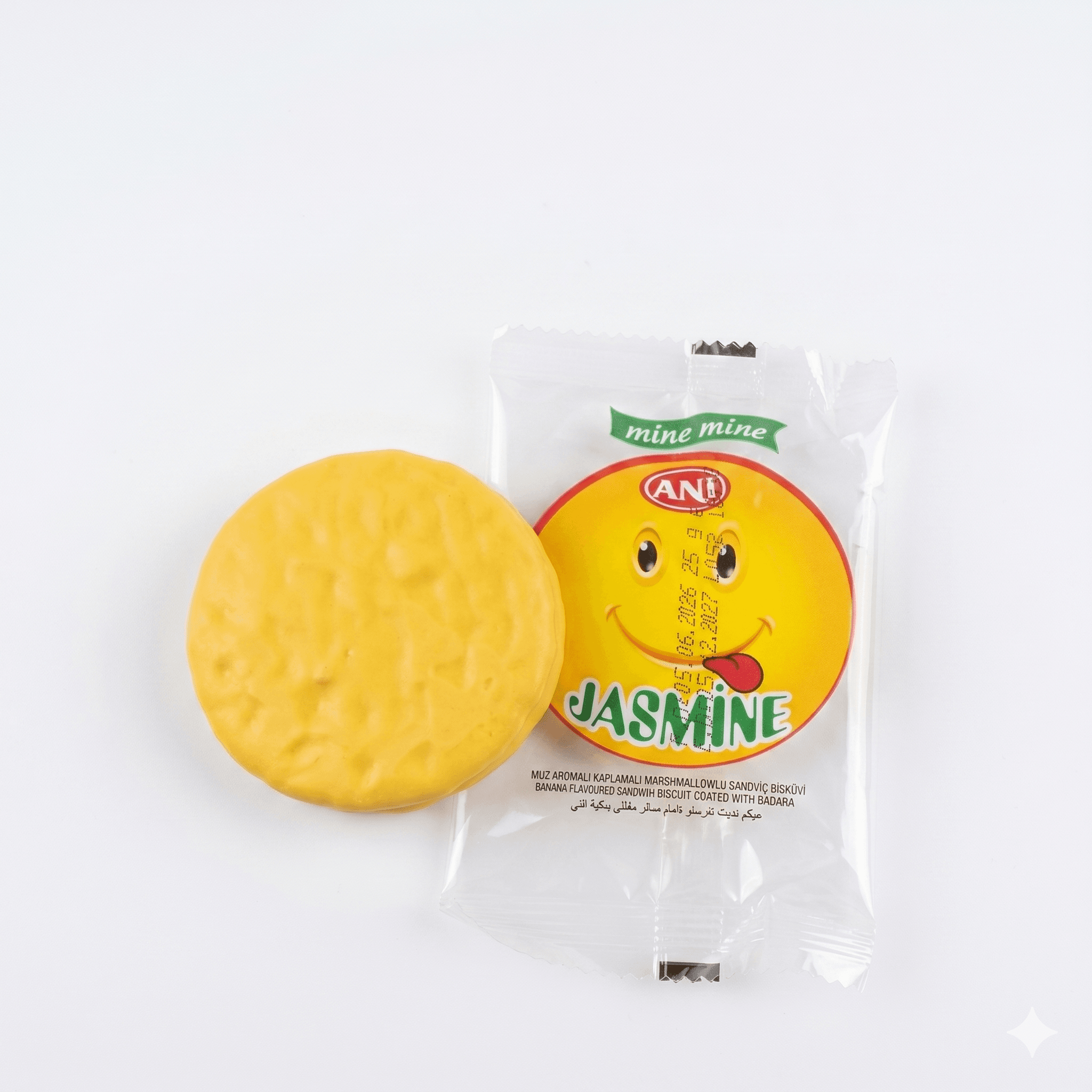 ANI Banana-flavored jasmine biscuit covered and filled with marshmallow