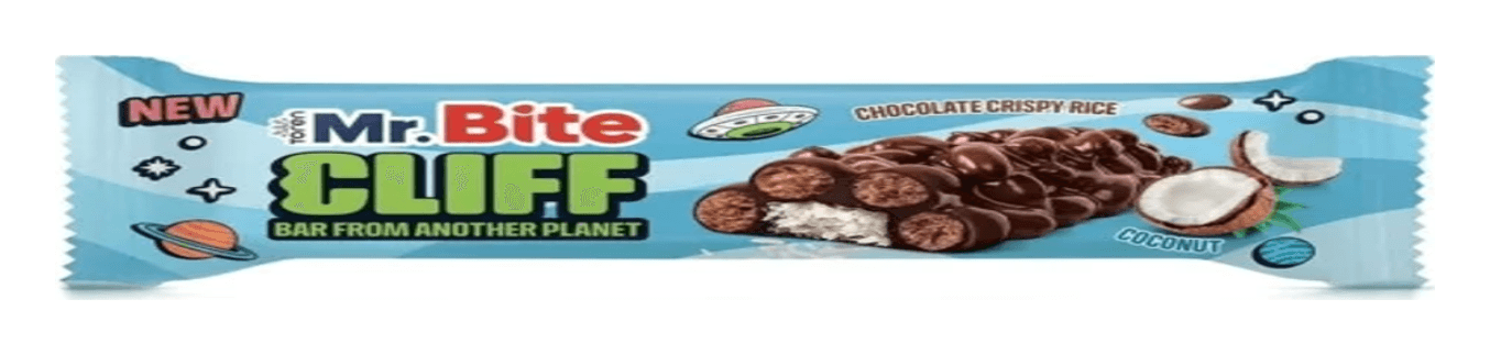 Mr. Bite Cliff cu cocos, baton cu orez expandat în ciocolată cu lapte